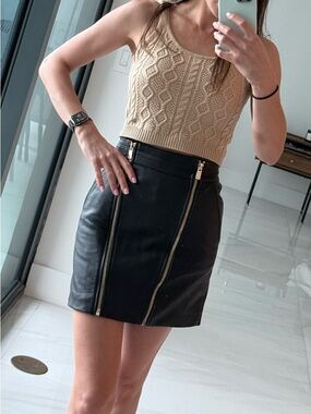 Pinko Black Leather Mini Skirt with Dual Gold Zippers